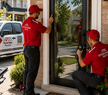 Storm Door Guy technicians installing and inspecting a storm door