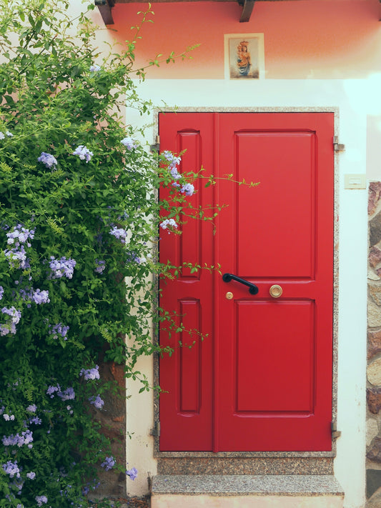 red wooden 2-panel door