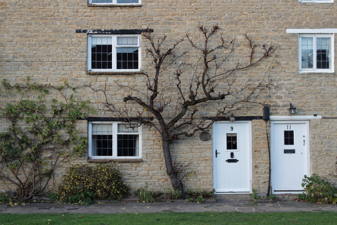 a brick building with two white doors and a tree in front of it