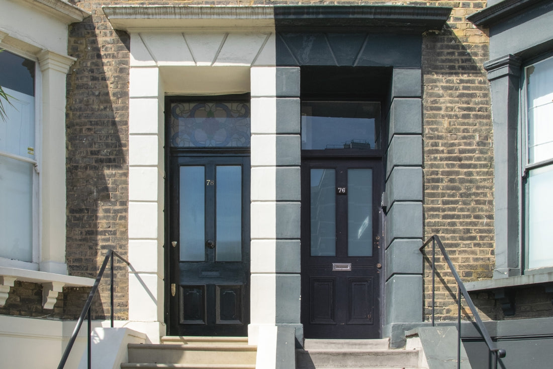 a building with black doors