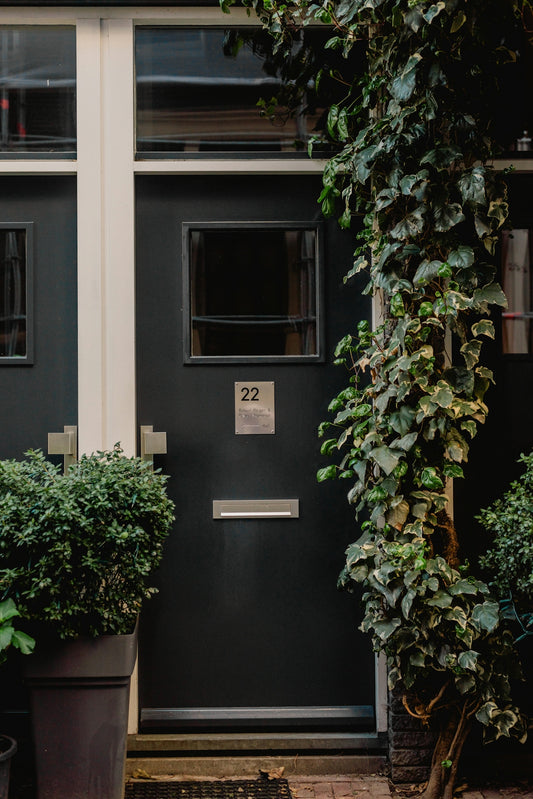 A dark door is framed by greenery and white accents