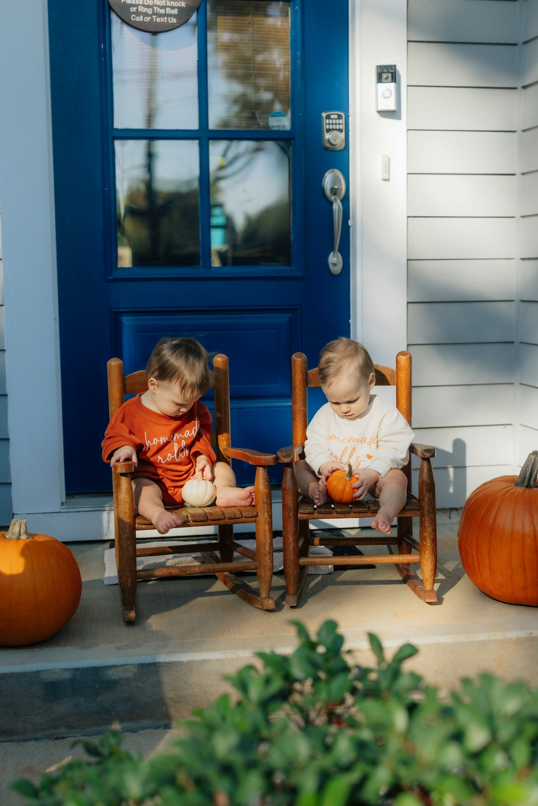 Two babies sitting in rocking chairs with pumpkins