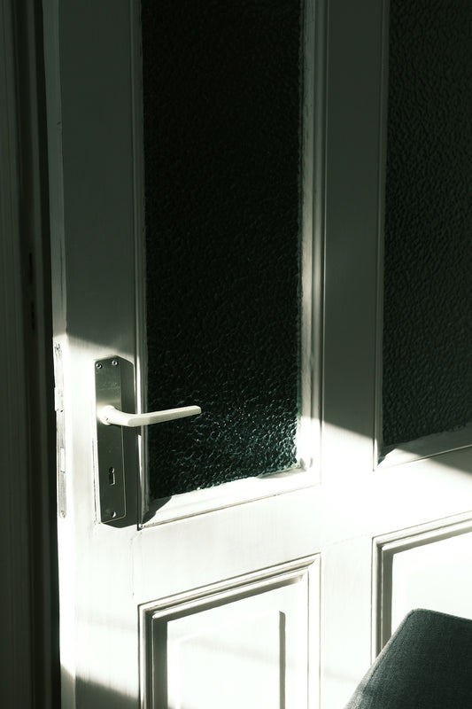 Sunlight streams through a glass-paneled door.