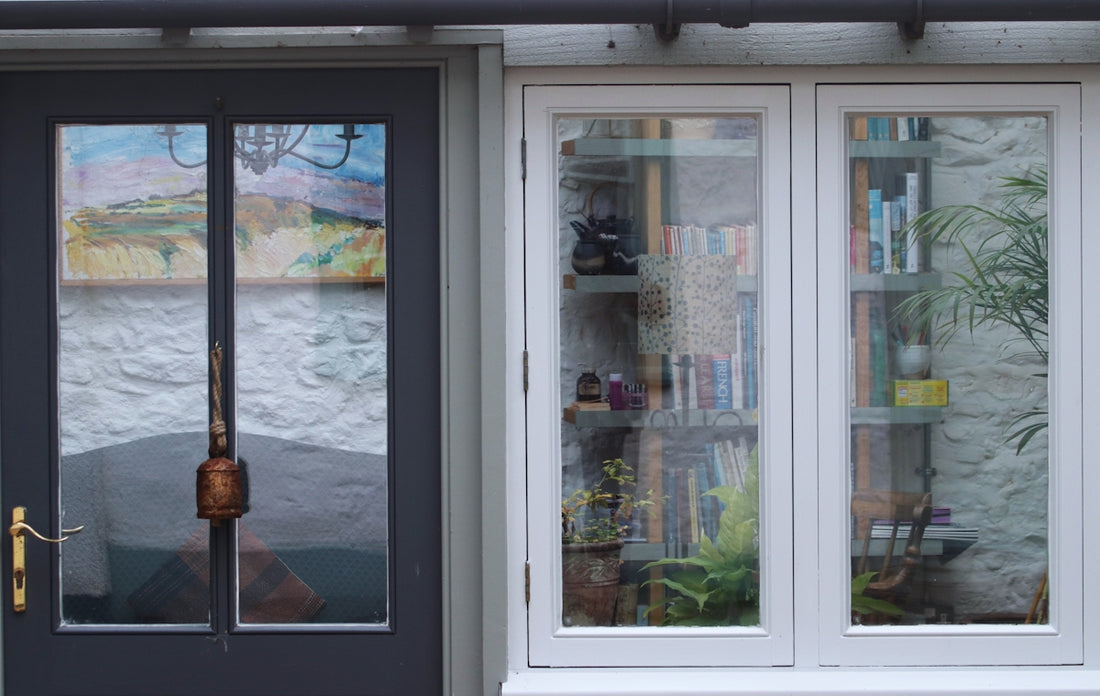 A dark door and a white window with books visible.