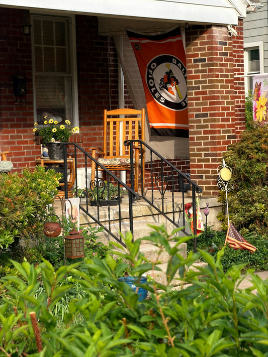 Front porch decorated with a rocking chair, plants, and flag.