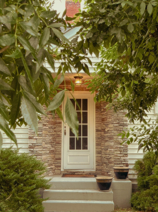 White front door with stone facade, steps, and green foliage.