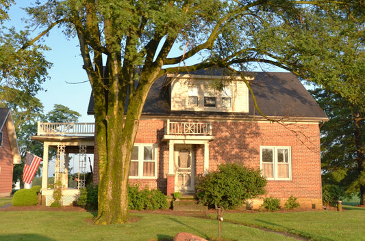 A brick house with a large tree in front.