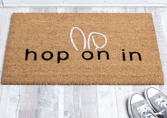 Hop On In Funny Easter Doormat