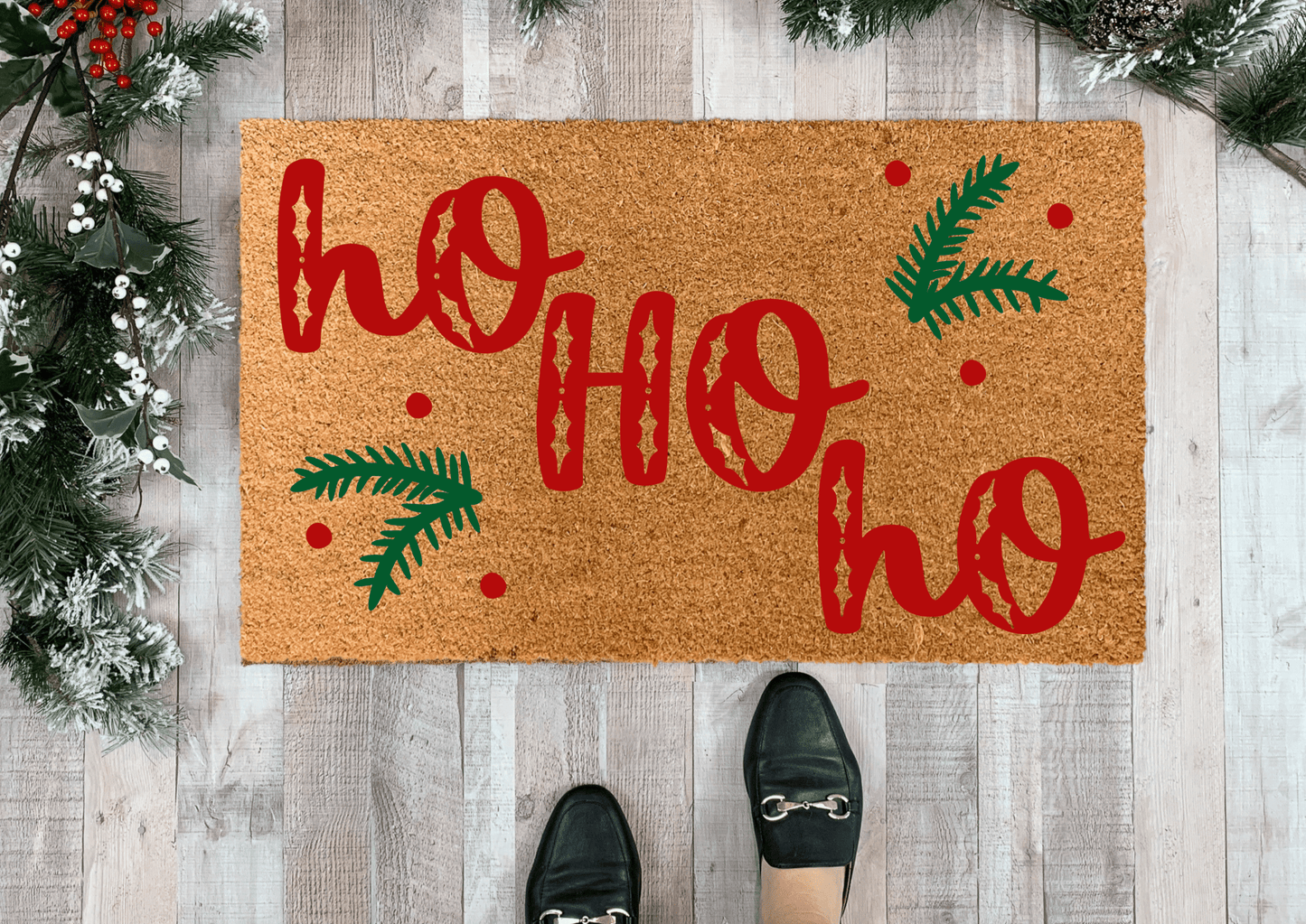 Ho Ho Ho Christmas Doormat with Holly