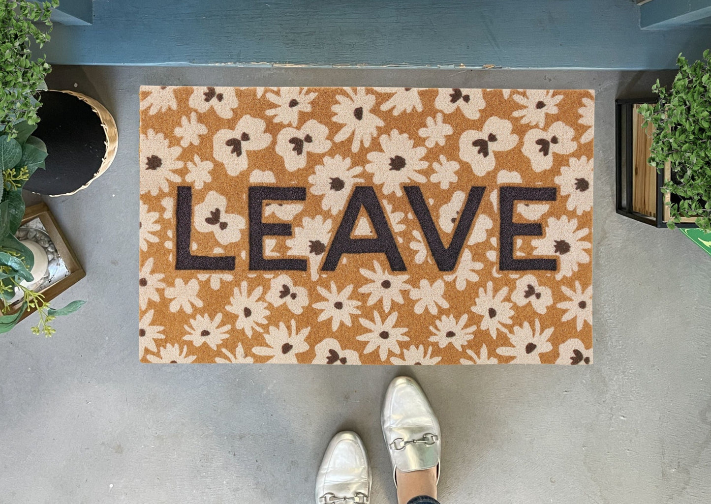 Low Profile Funny LEAVE Doormat with Flowers