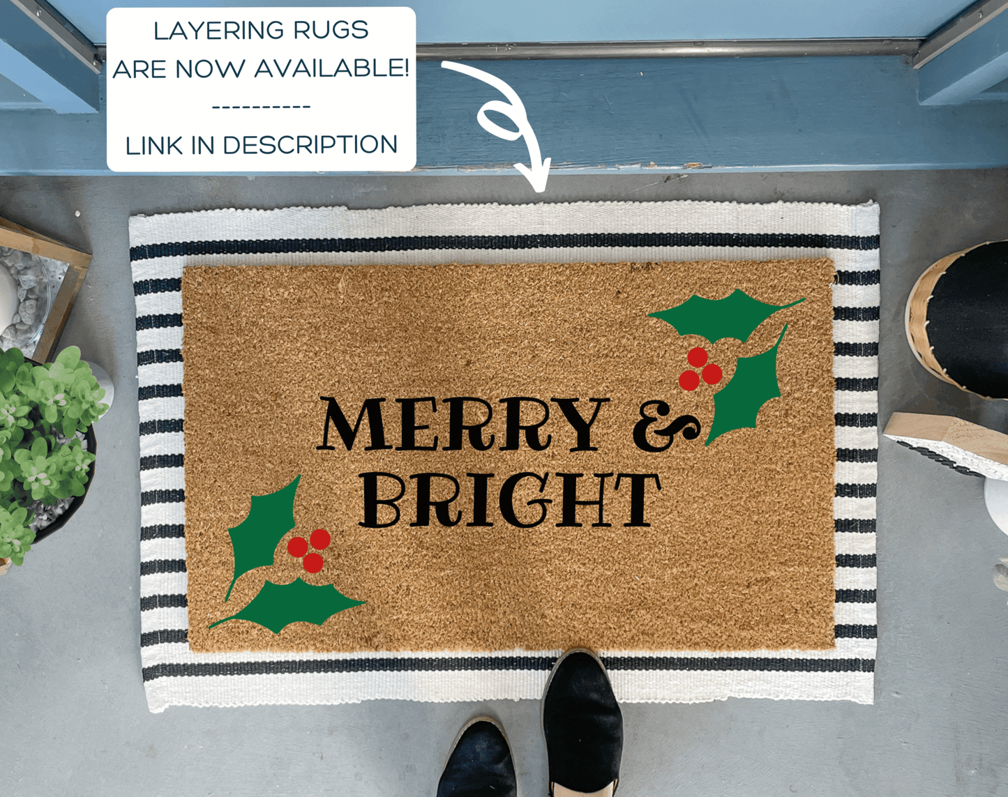 Merry and Bright Christmas Holly Doormat