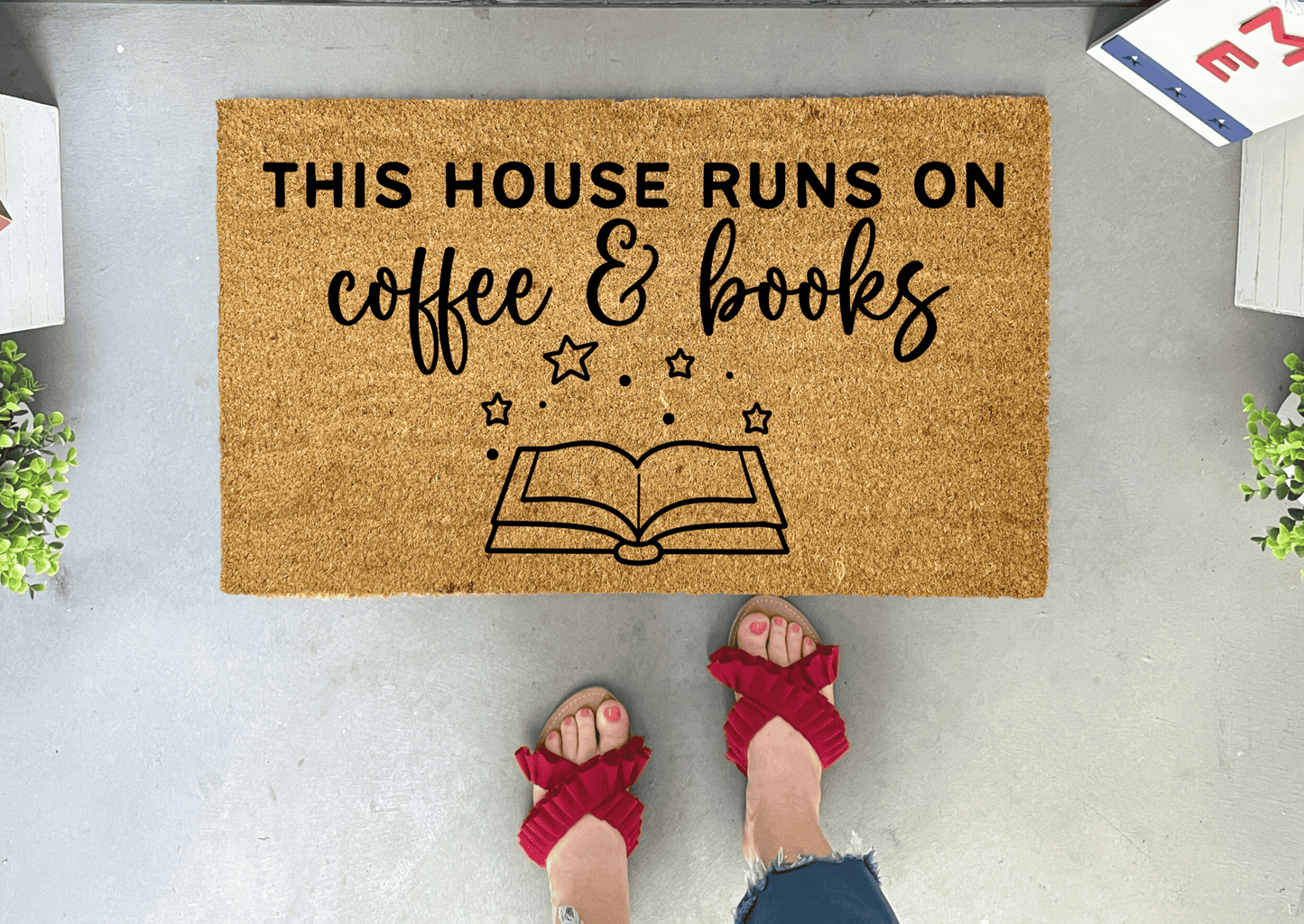 This House Runs on Coffee and Books Coir Doormat