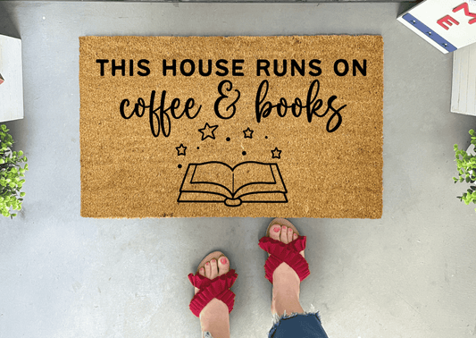 This House Runs on Coffee and Books Coir Doormat