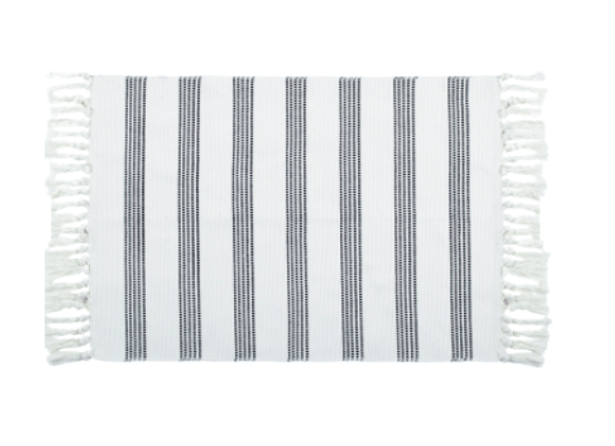 Black and White Striped Accent Rug With Fringe