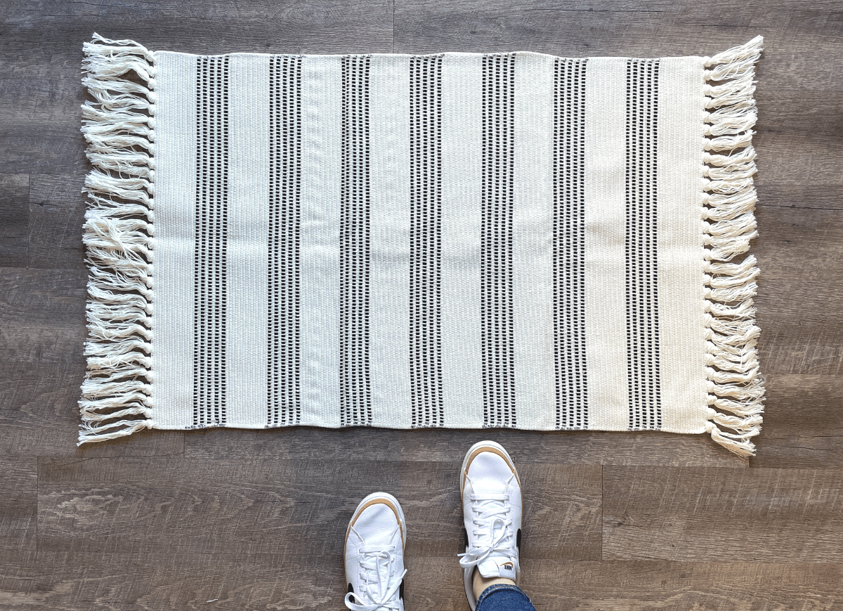 Black and White Striped Accent Rug With Fringe