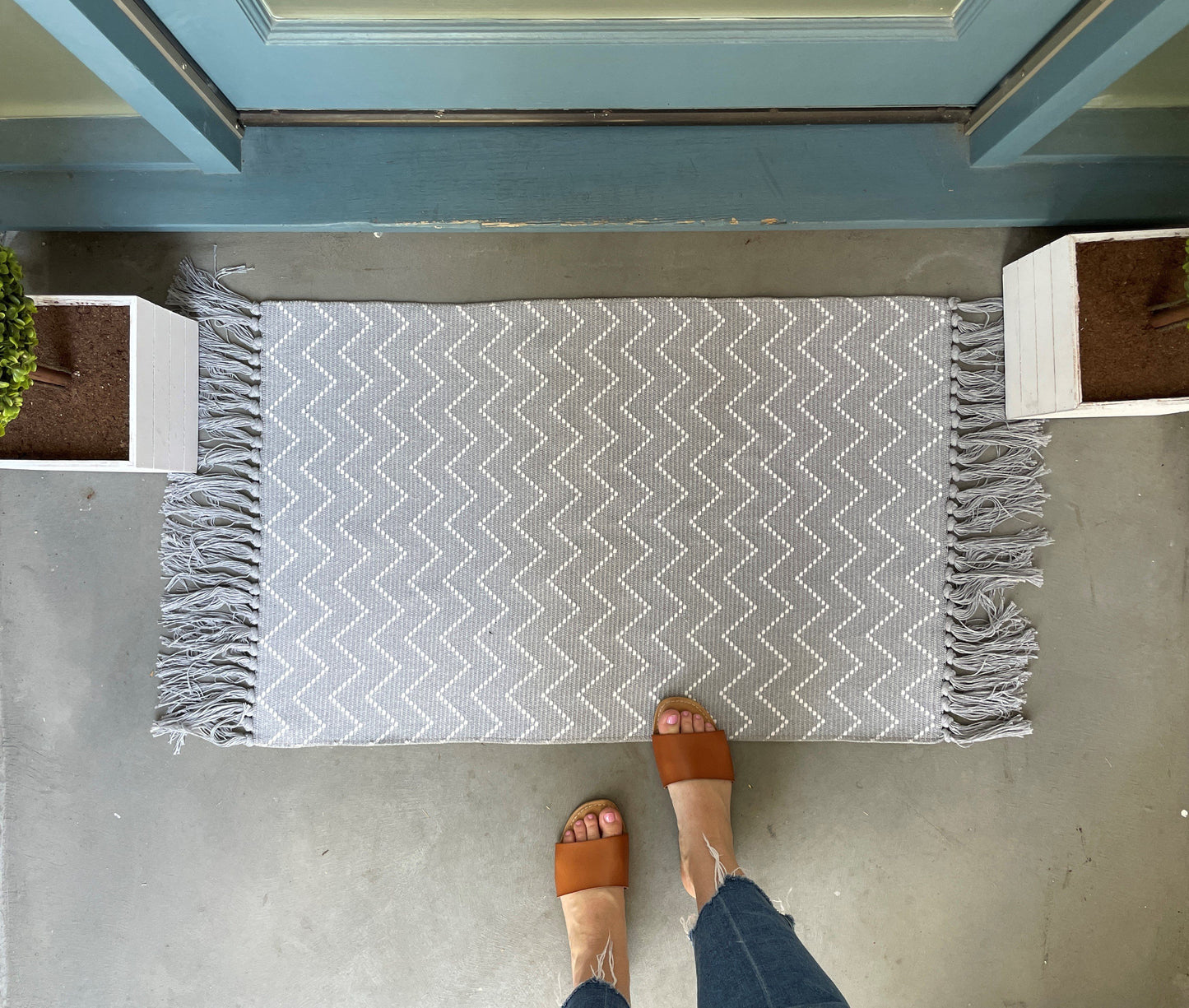 Grey and White Geometric Accent Rug